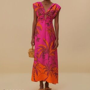 Farm Rio orange and pink maxi dress with shoulder padding. Size small, worn once